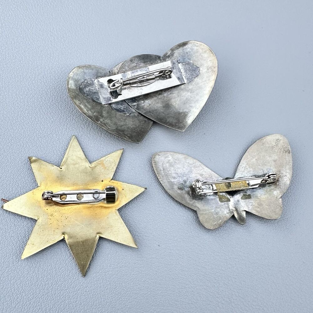 Vintage Sun Face Brooch Silver Tone Mixed Metal Butterfly Heard Southwest Lot - Picture 6 of 6